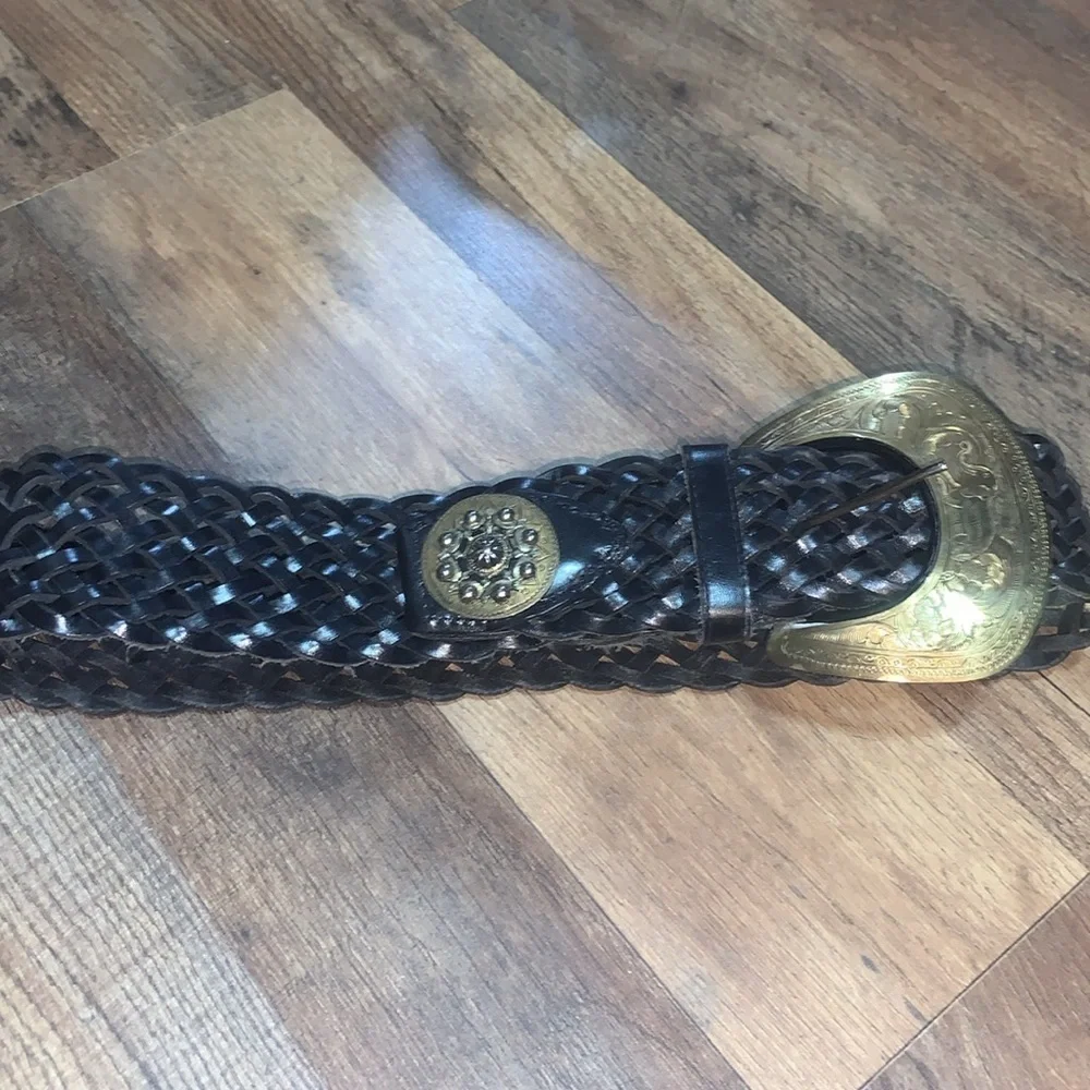 XS/SmallVintage Black Braided Leather Wide Belt With Ornate Carved Gold Buckle 0